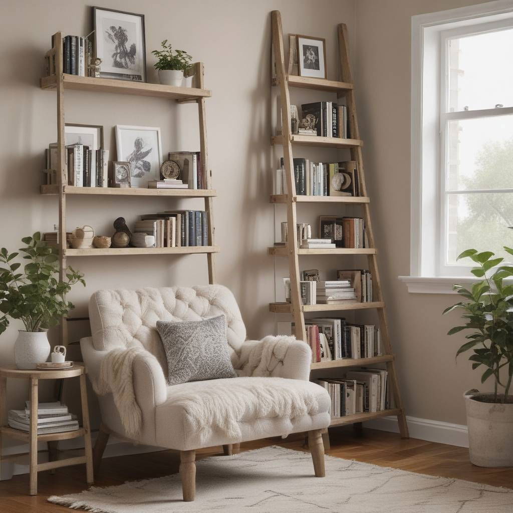 a cozy reading nook with a ladder shelf