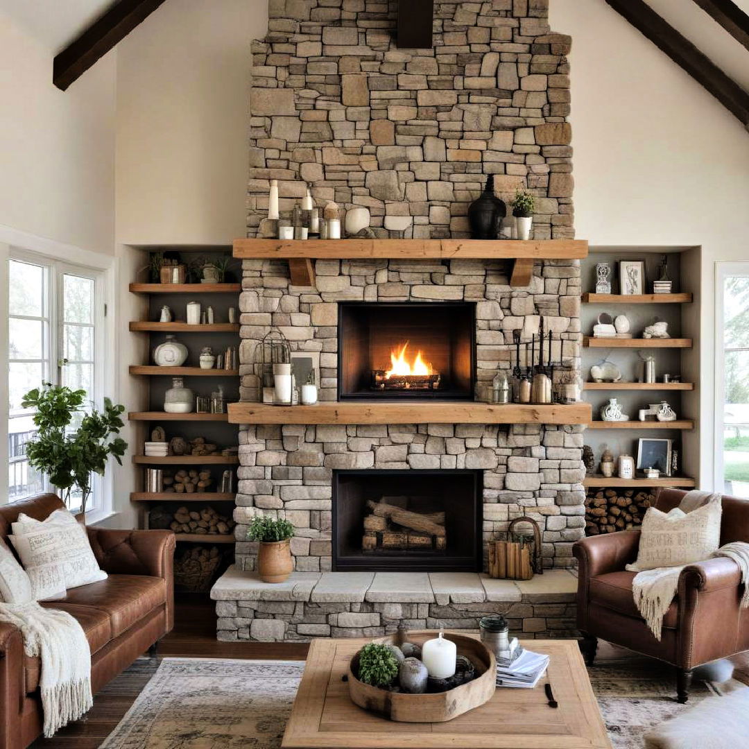 a stacked stone fireplace