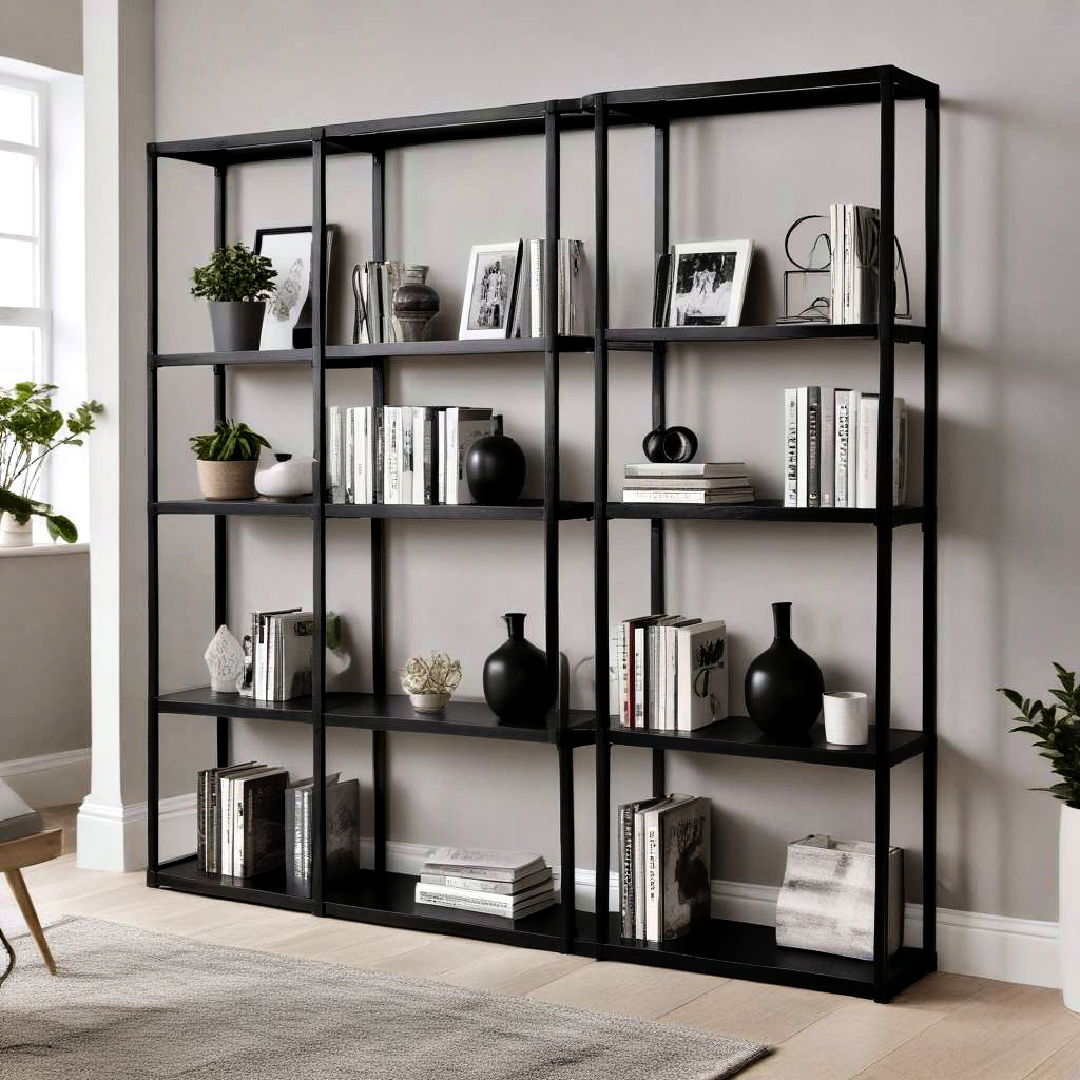 black shelving units