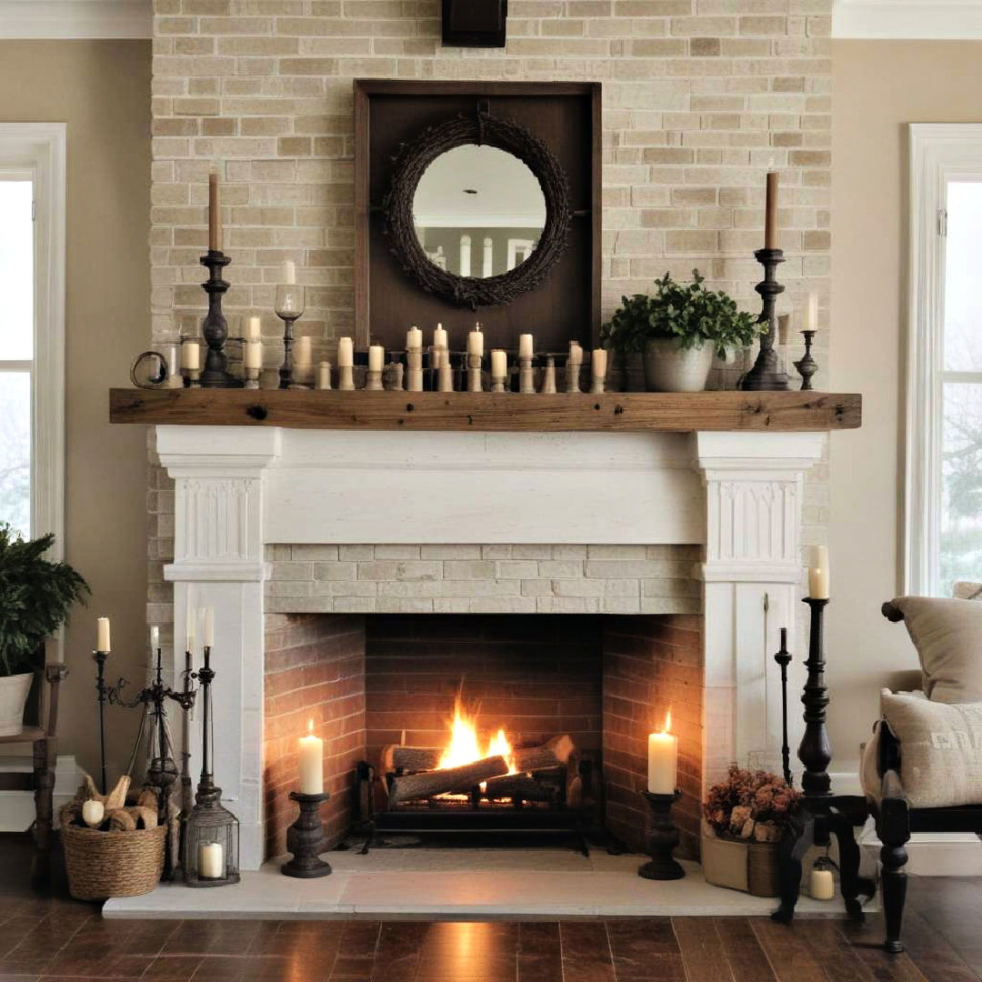 farmhouse fireplace with candlesticks