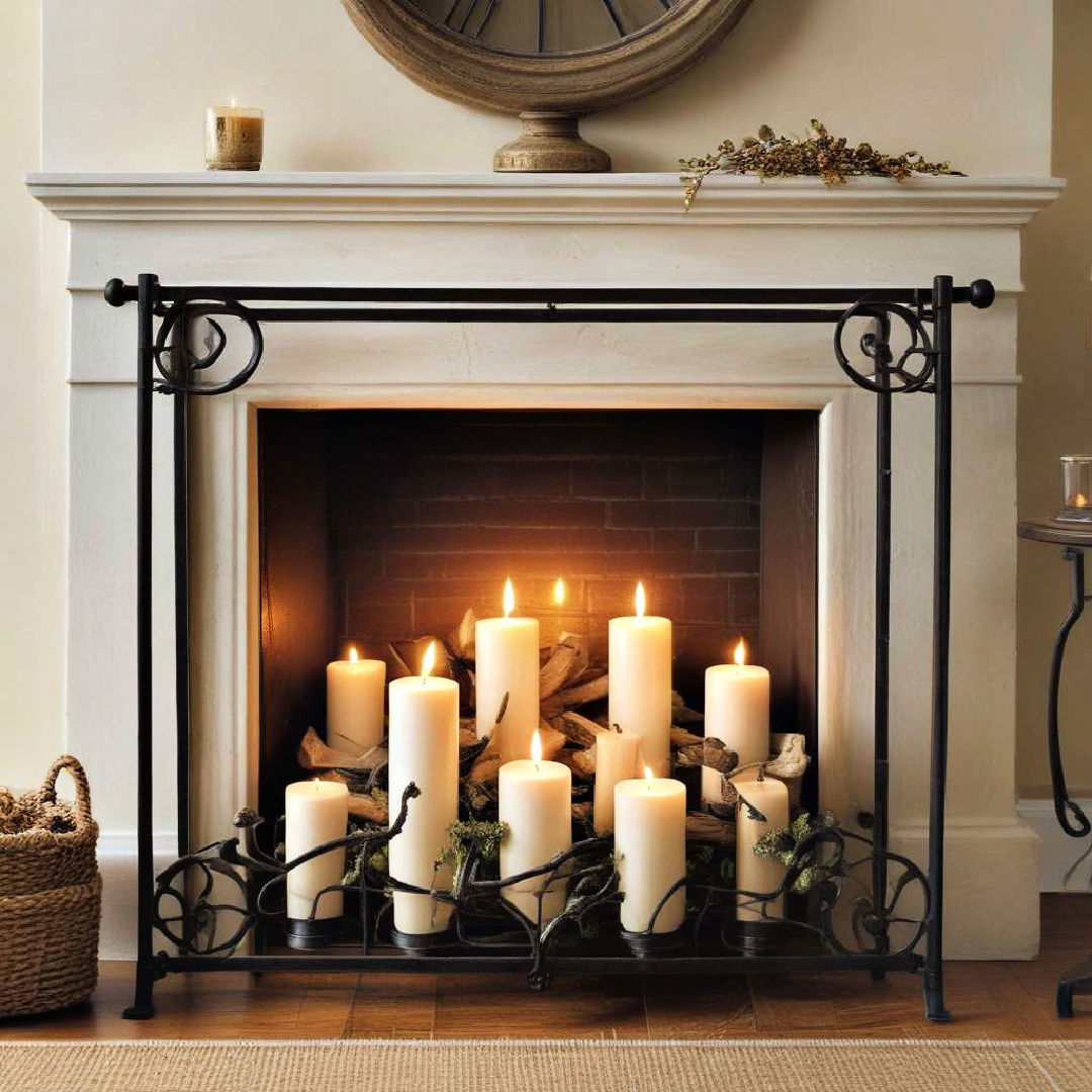 fireplace screen with candles