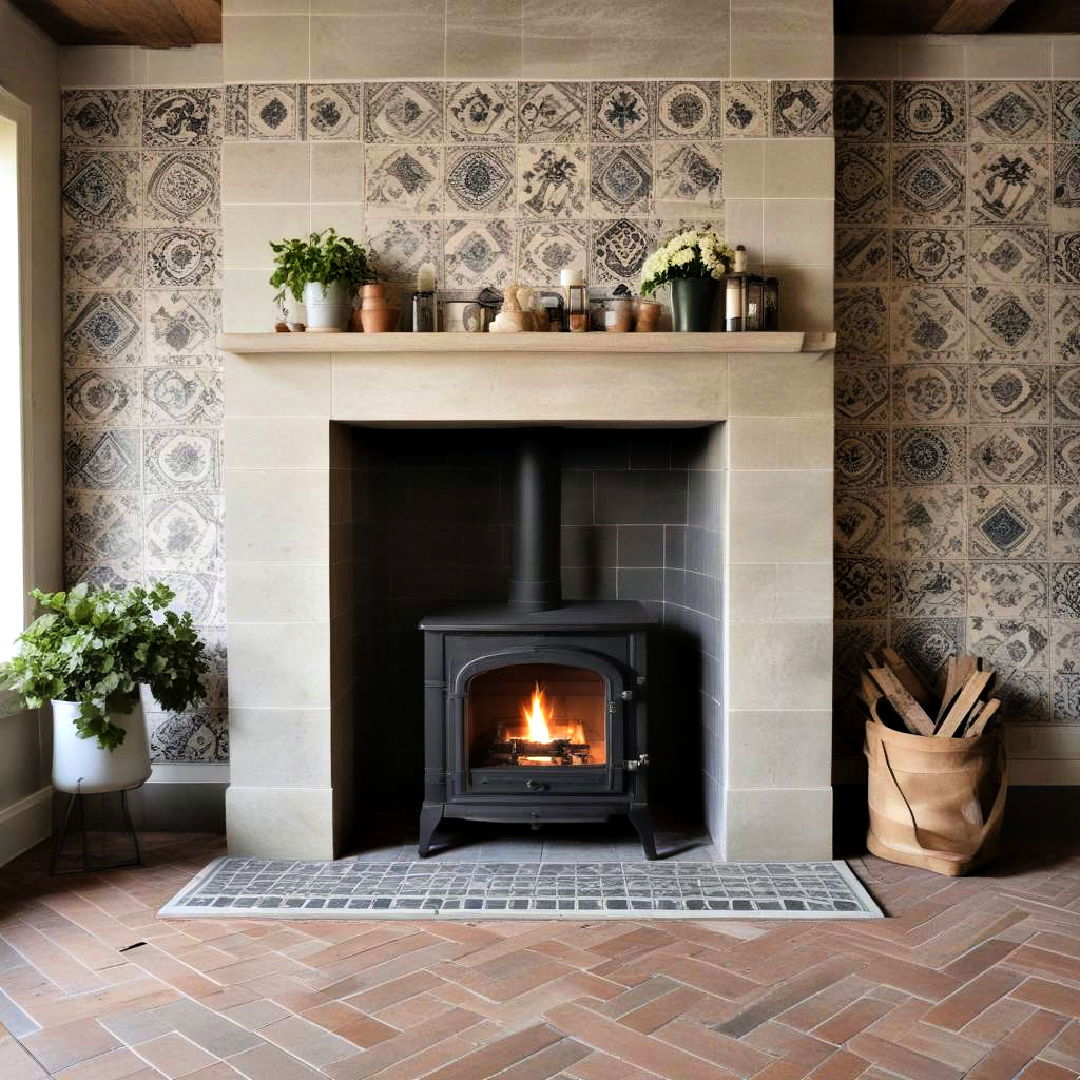 fireplace with vintage tiles