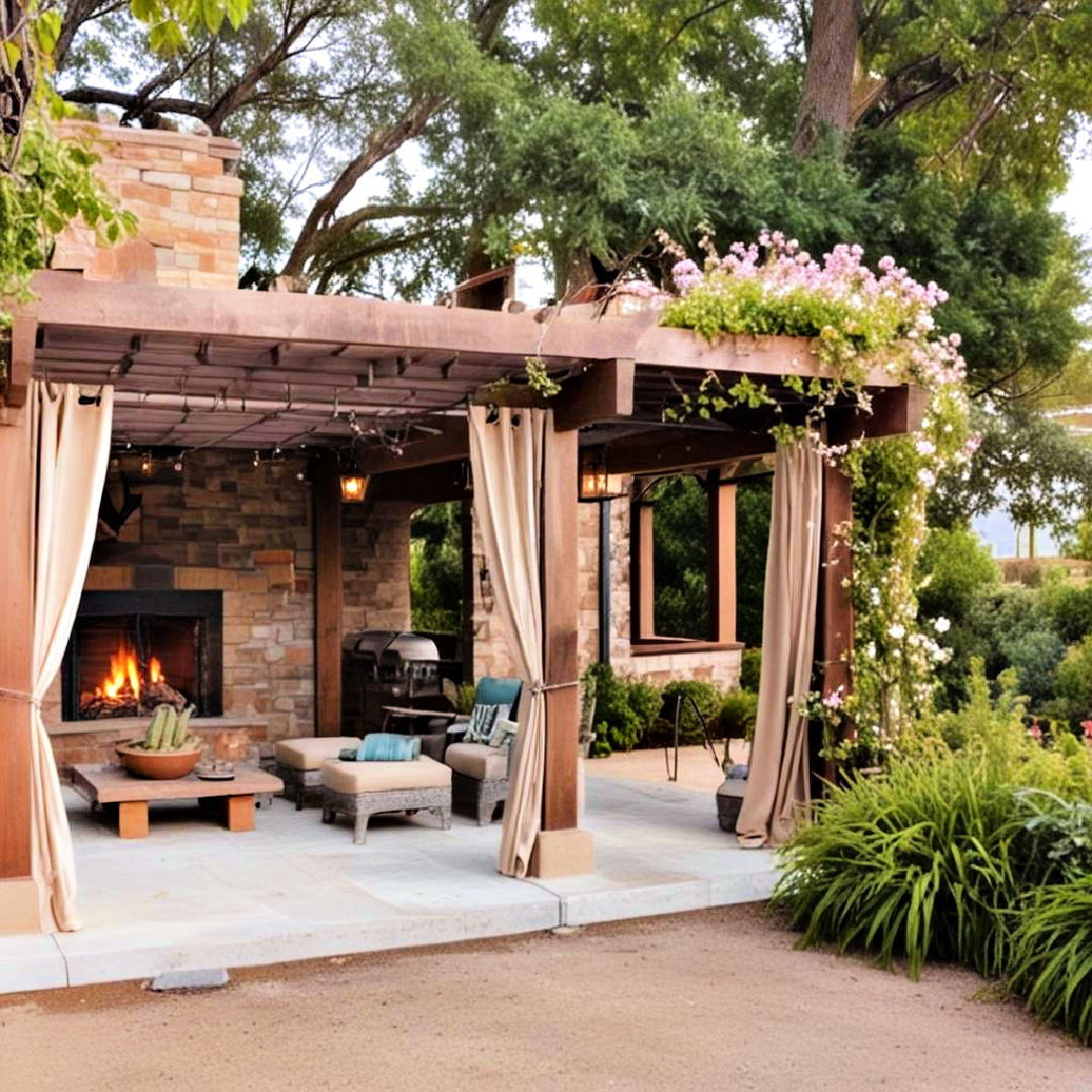 mediterranean inspired pergola with outdoor curtains