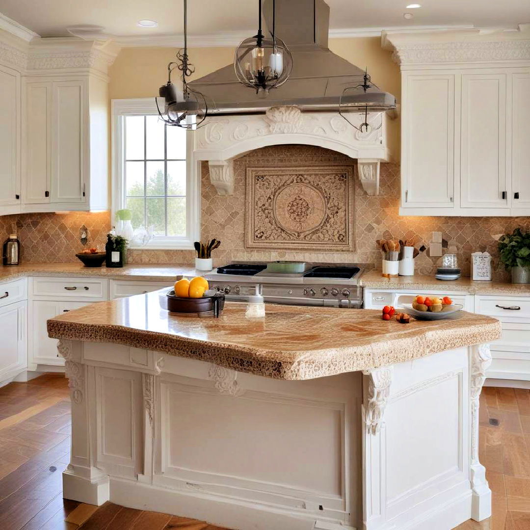 ornate tile backsplash on the island