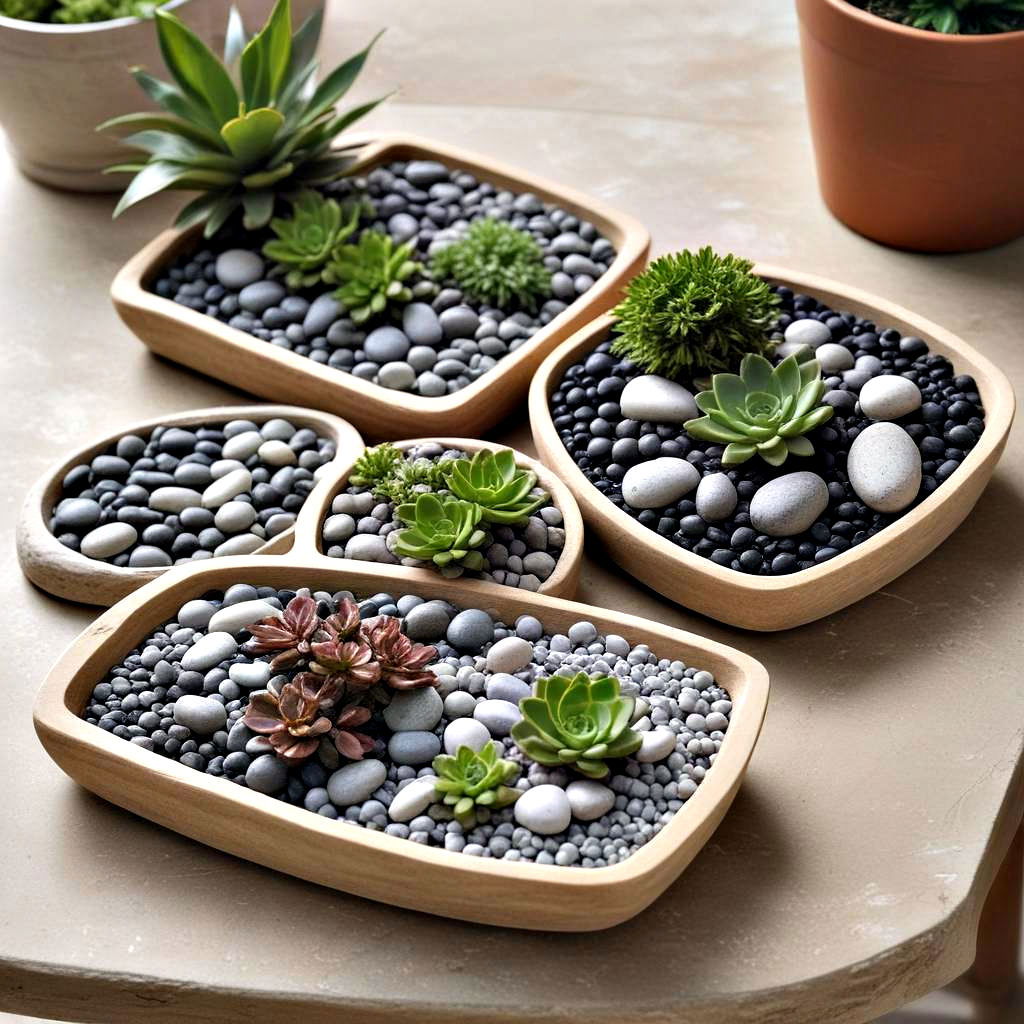 pebble filled tray planters