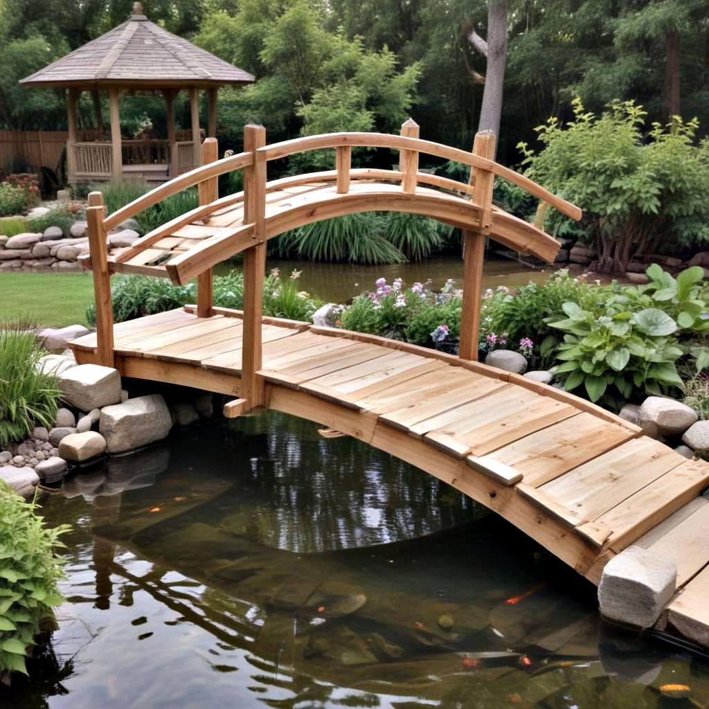 rustic wooden bridge koi pond