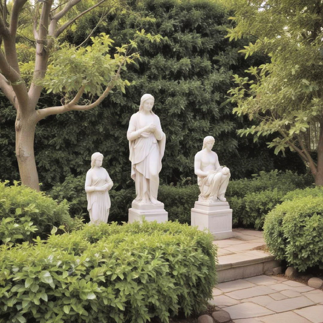 shrub hedges and garden statuary