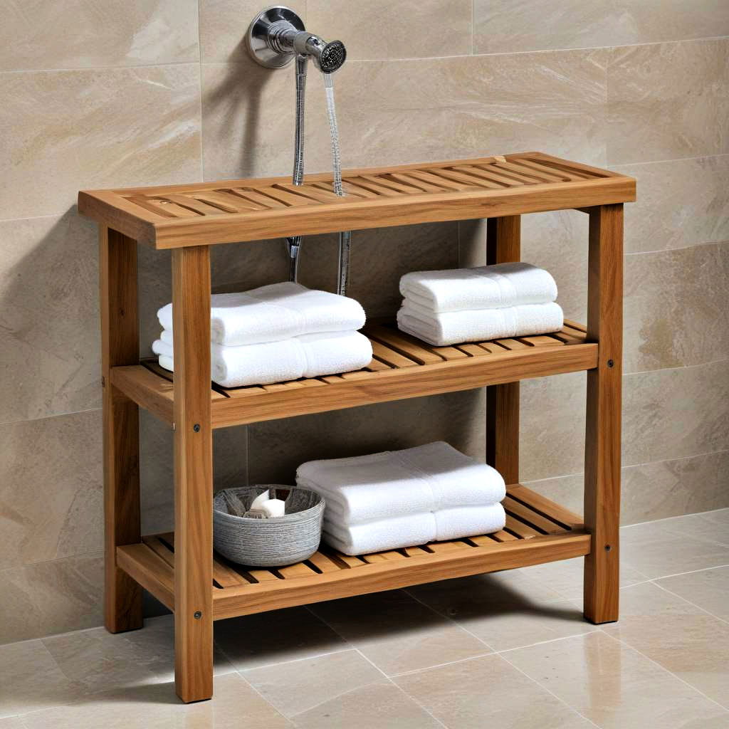 teak shower bench with shelf