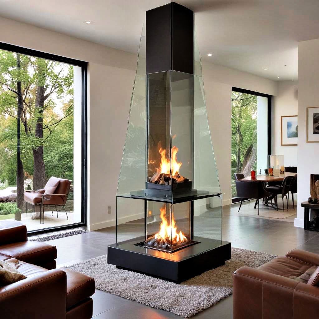 three sided glass fireplace