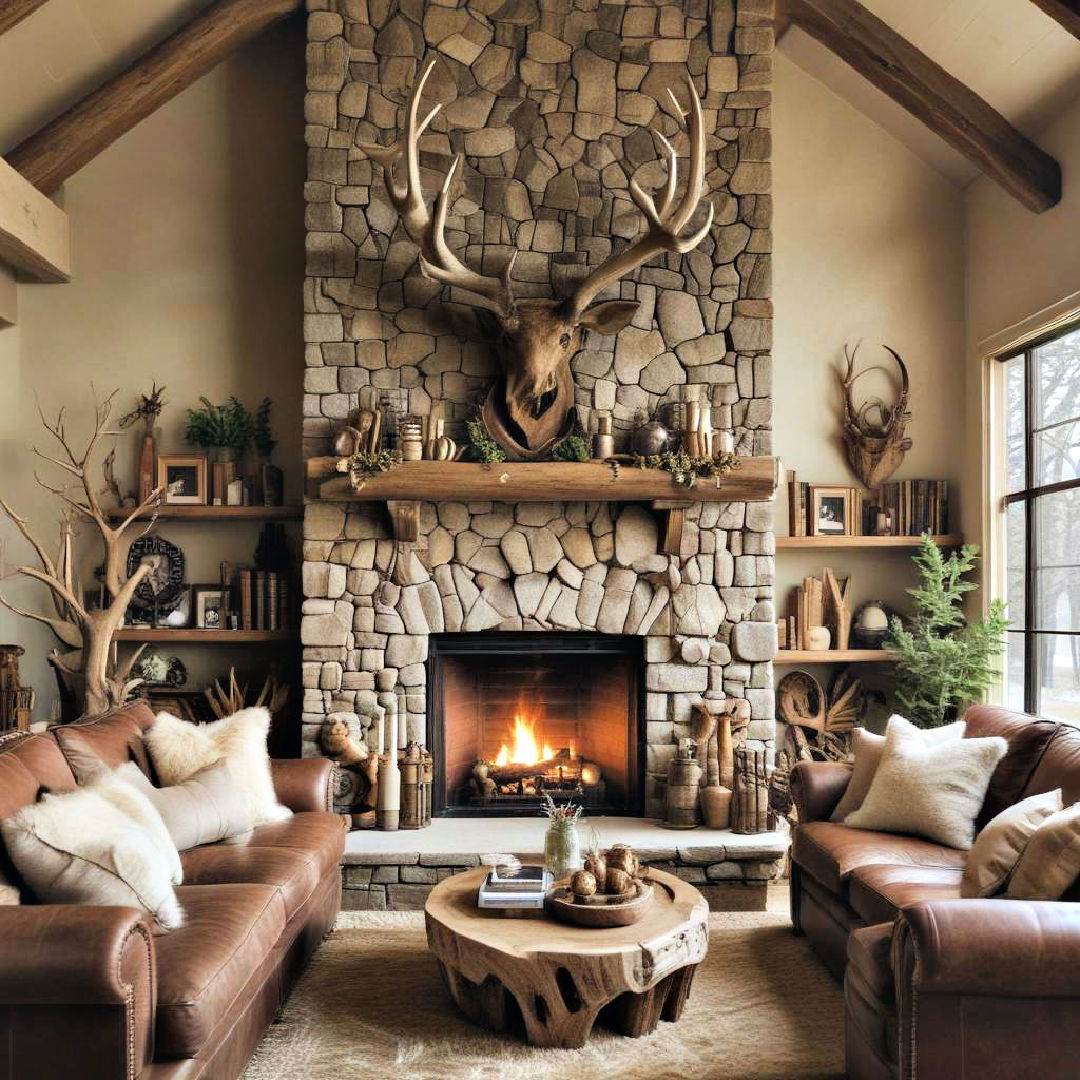 antler decor above the fireplace