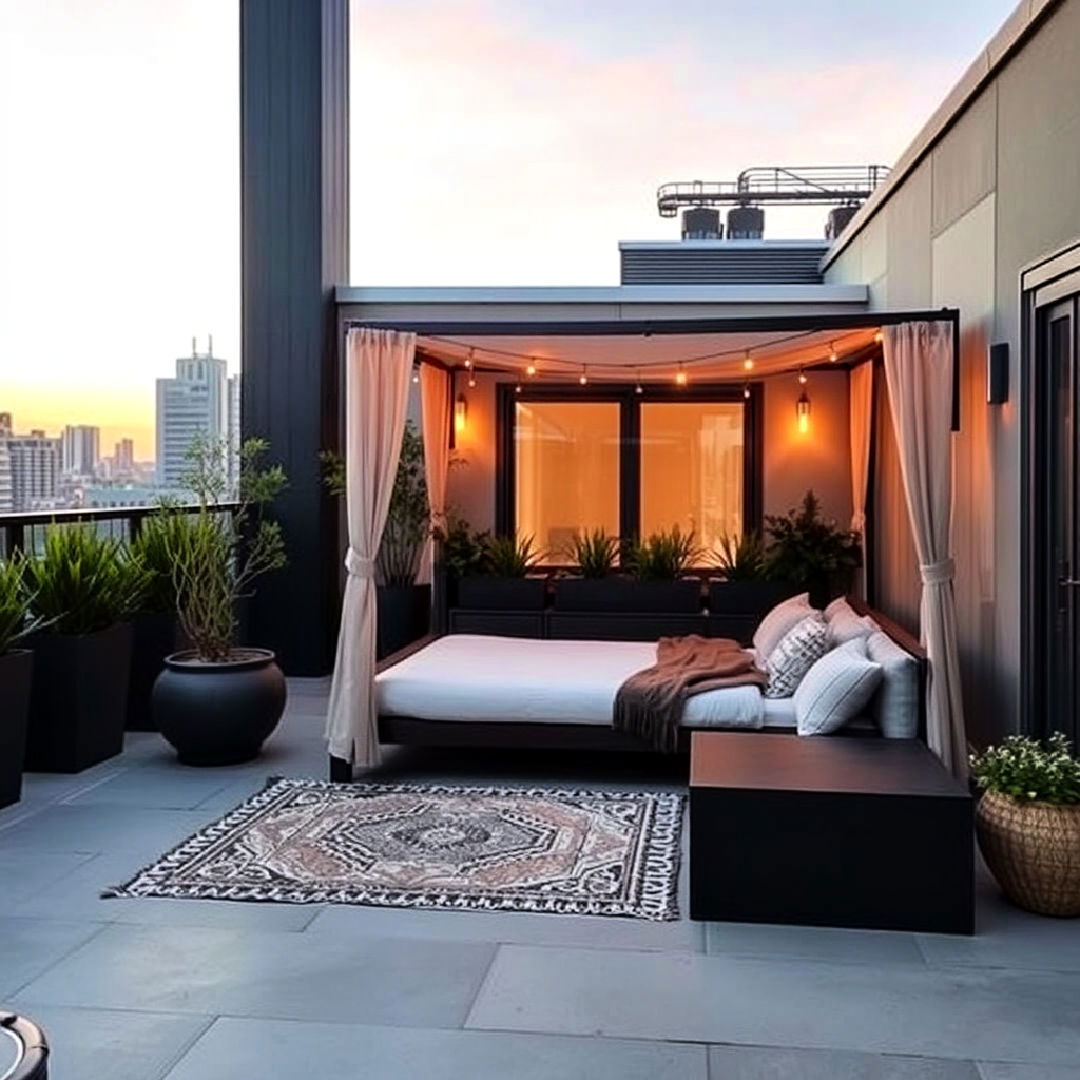 bed on a rooftop terrace