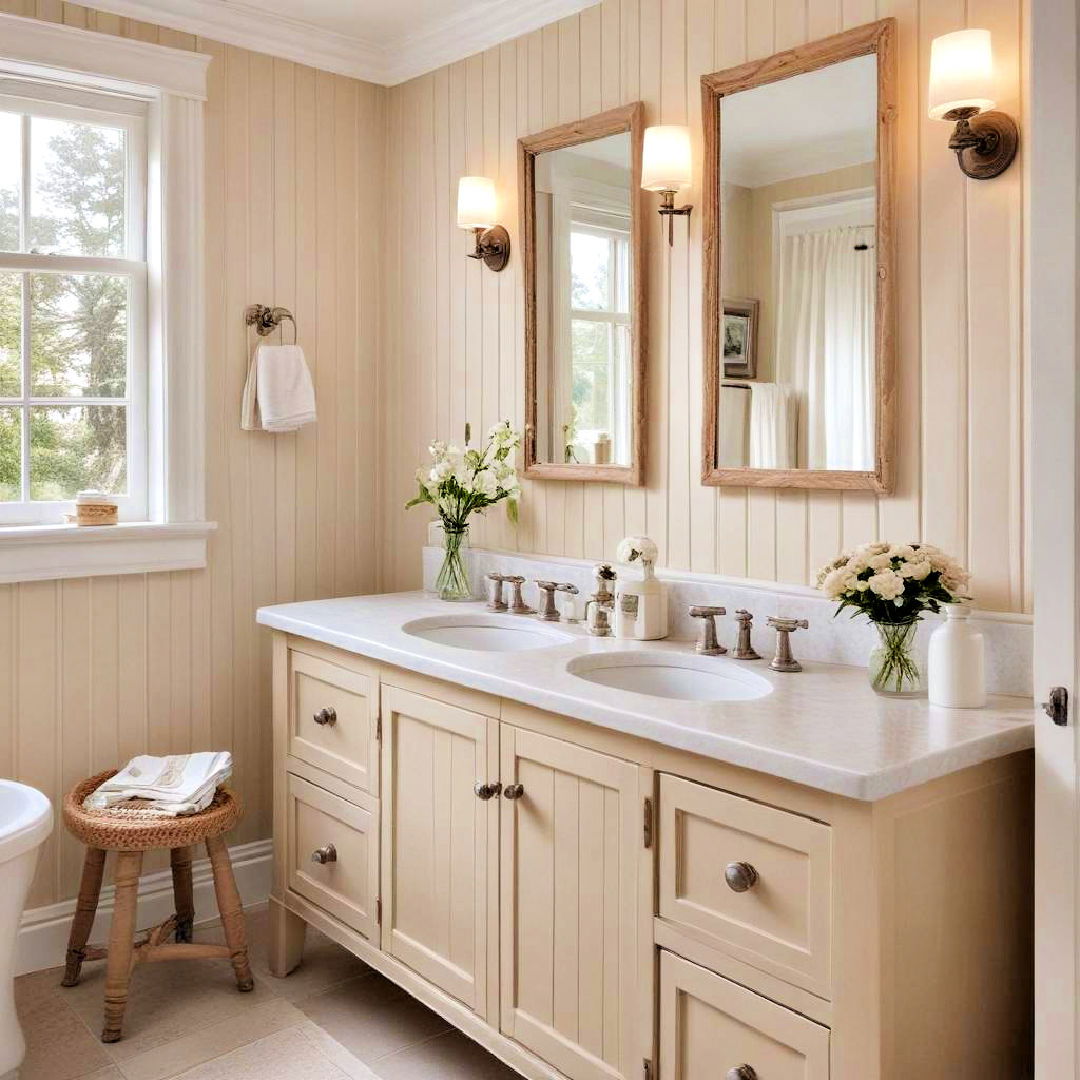 beige beadboard with white countertops