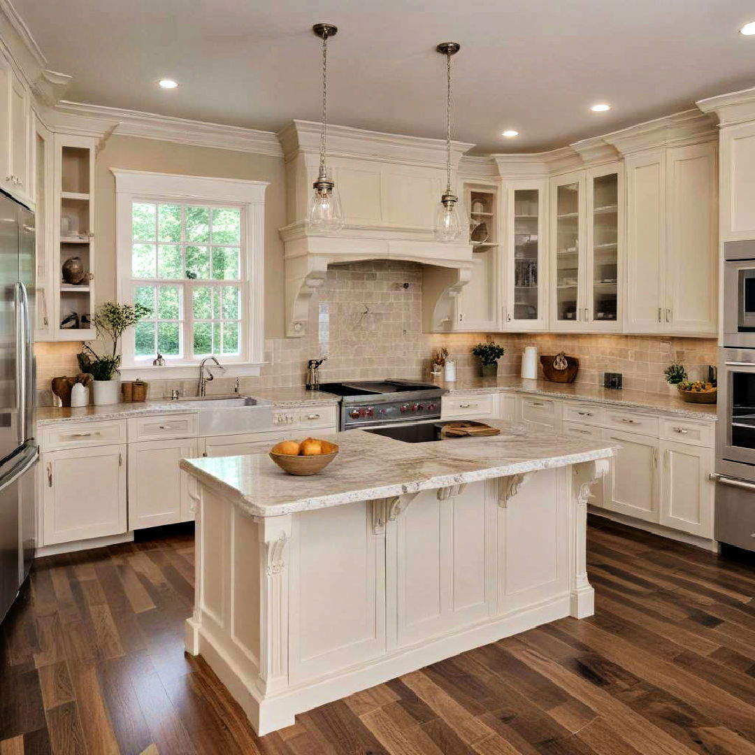 beige cabinets and hardwood floors