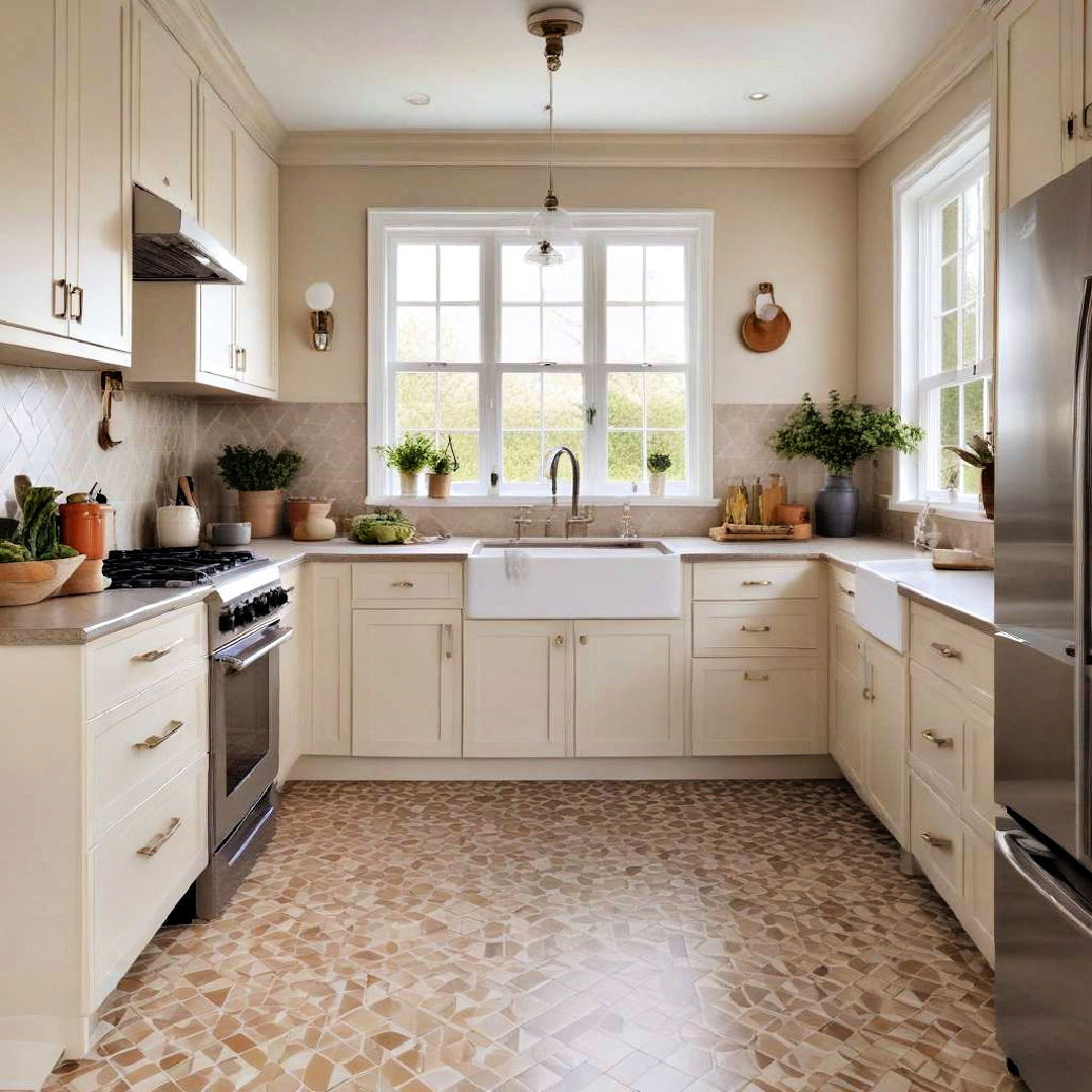 beige cabinets and patterned flooring