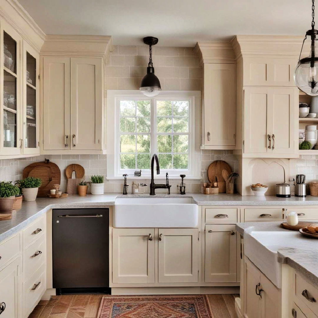 beige cabinets in farmhouse kitchens