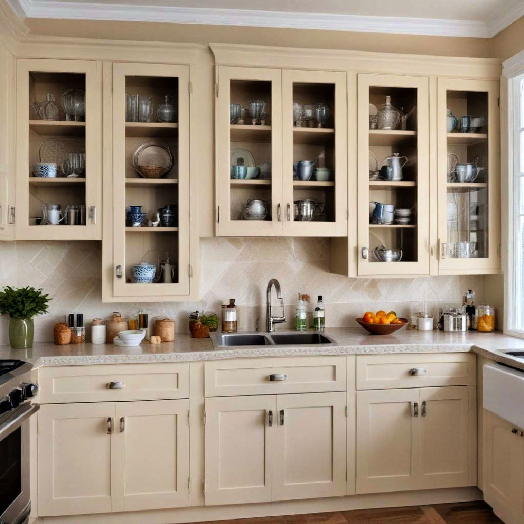 beige cabinets with glass front doors