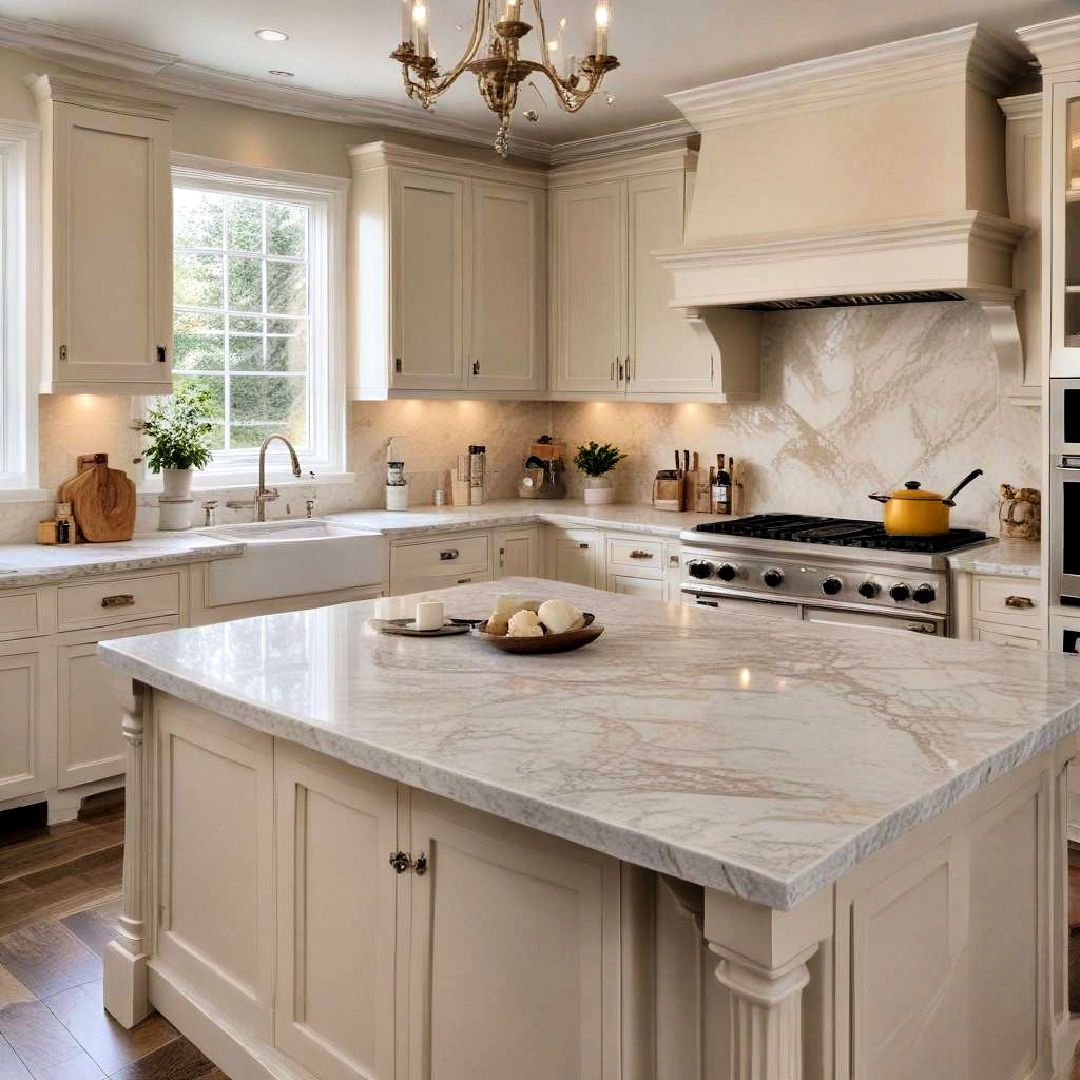 beige cabinets with marble countertops