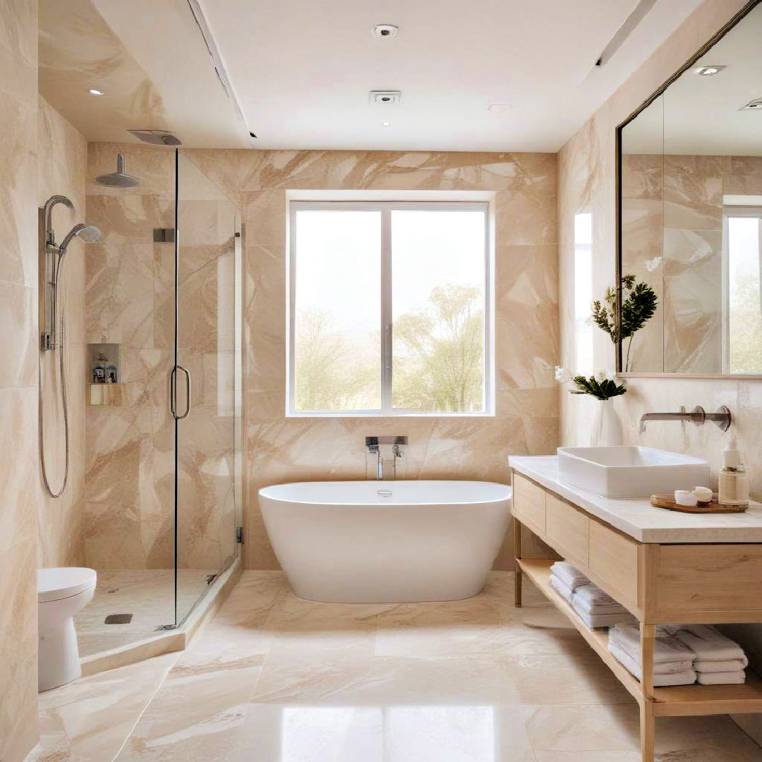 beige marble floors with white fixtures