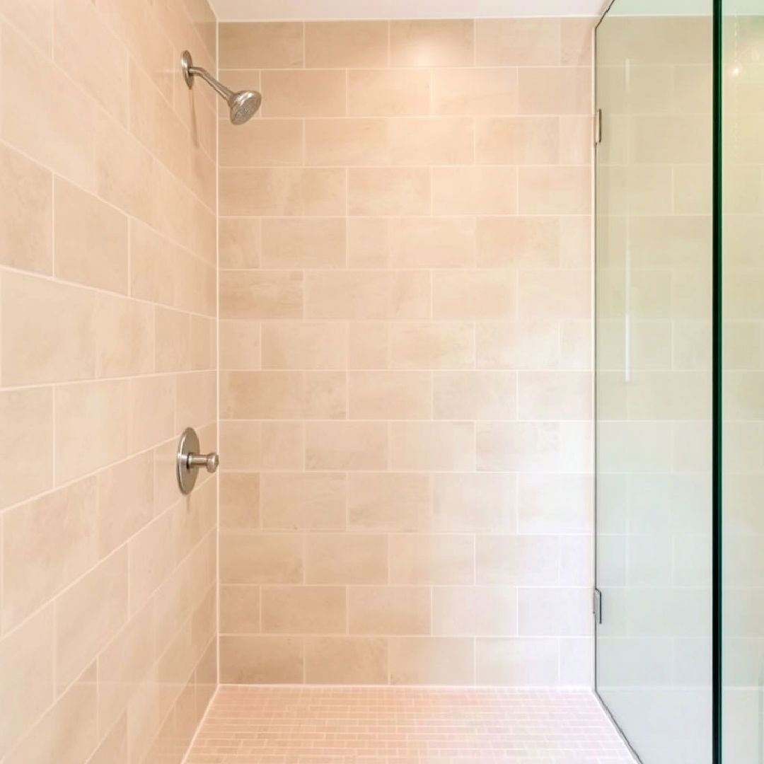 beige shower tiles with white grout