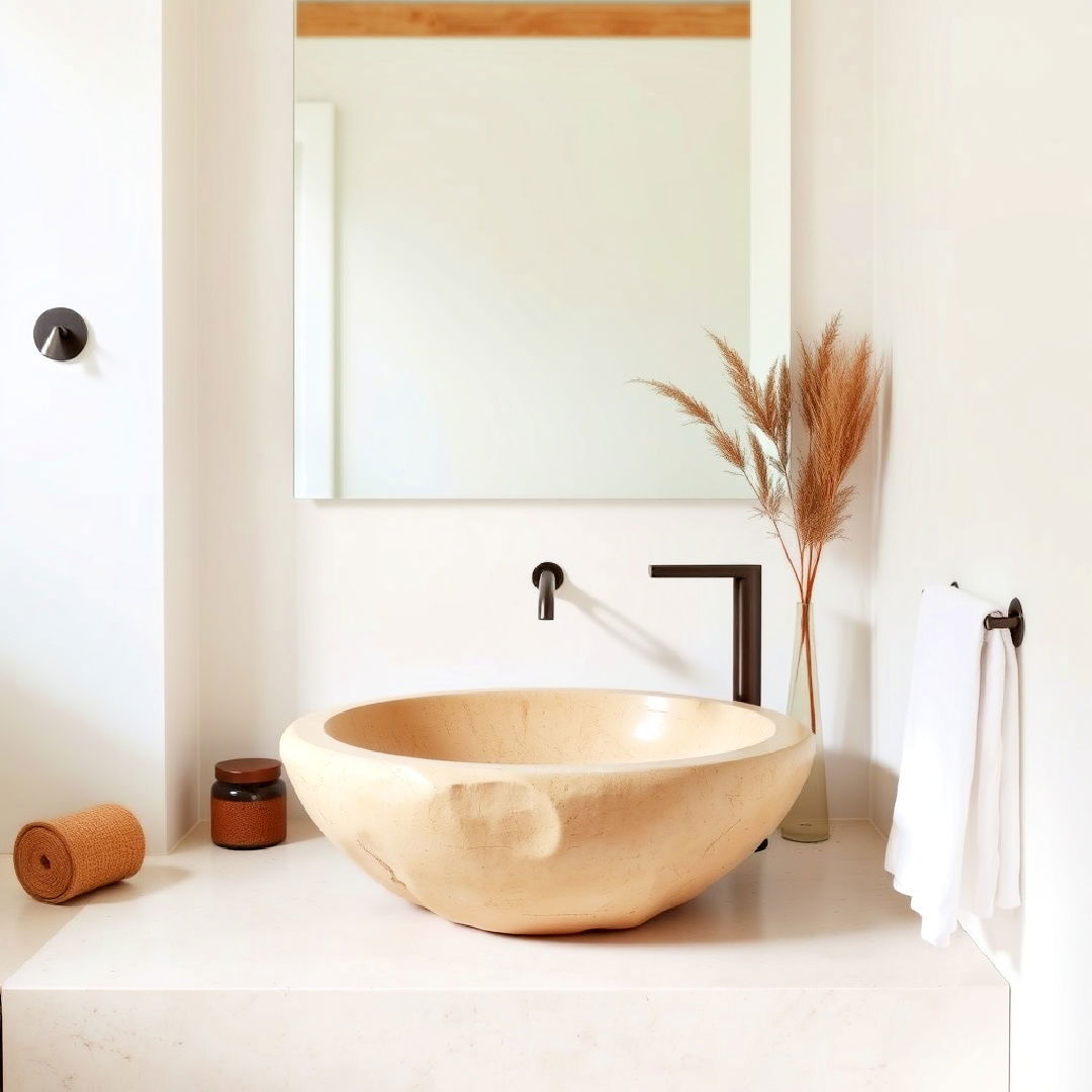 beige stone sink with white walls