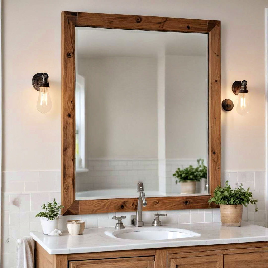 beveled edge mirror with wooden frame