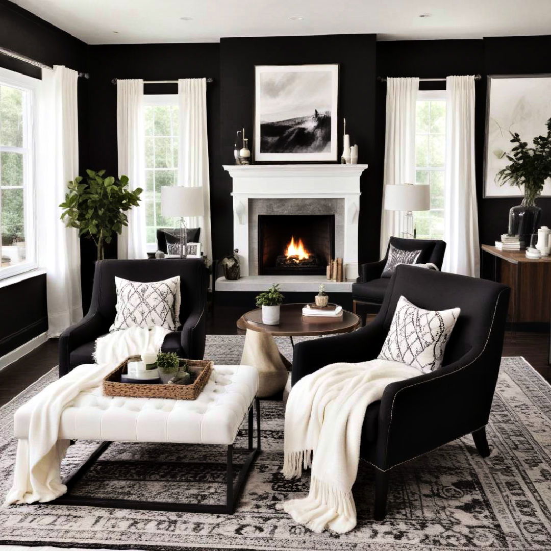 black accent chairs with white throw blankets