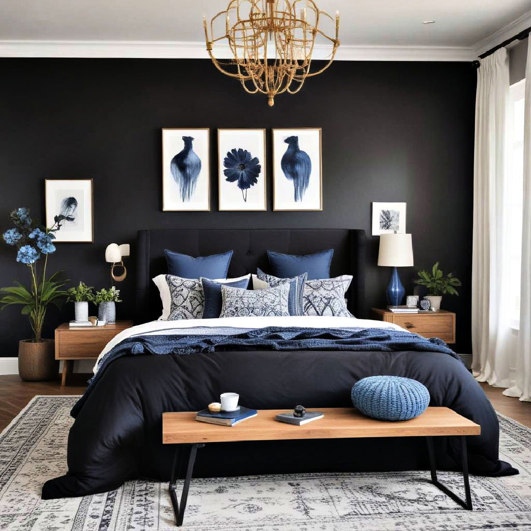 black accent wall with blue decor