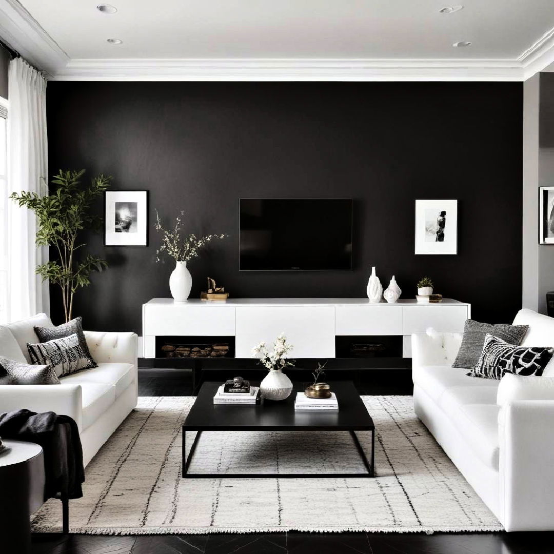 black accent wall with white furniture