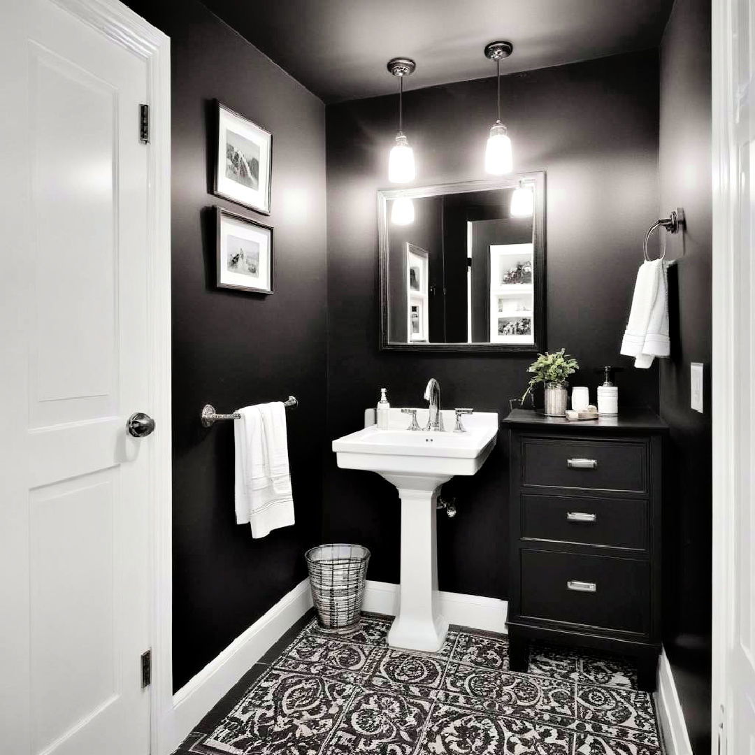 black and white basement bathroom