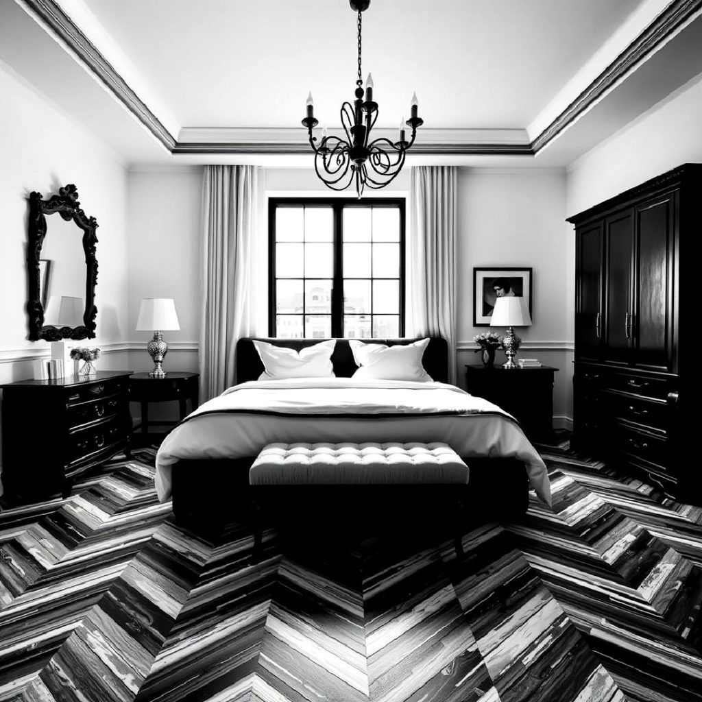 black and white herringbone flooring