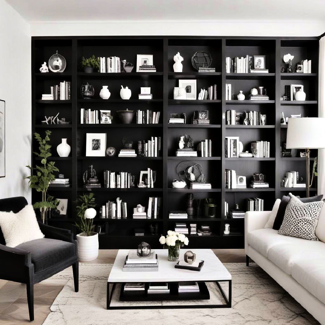 black bookshelves with white decor