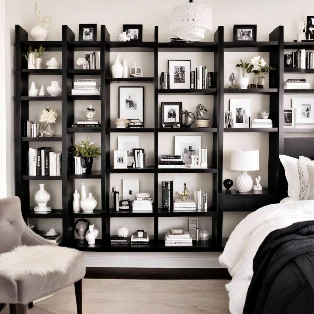 black bookshelves with white decor