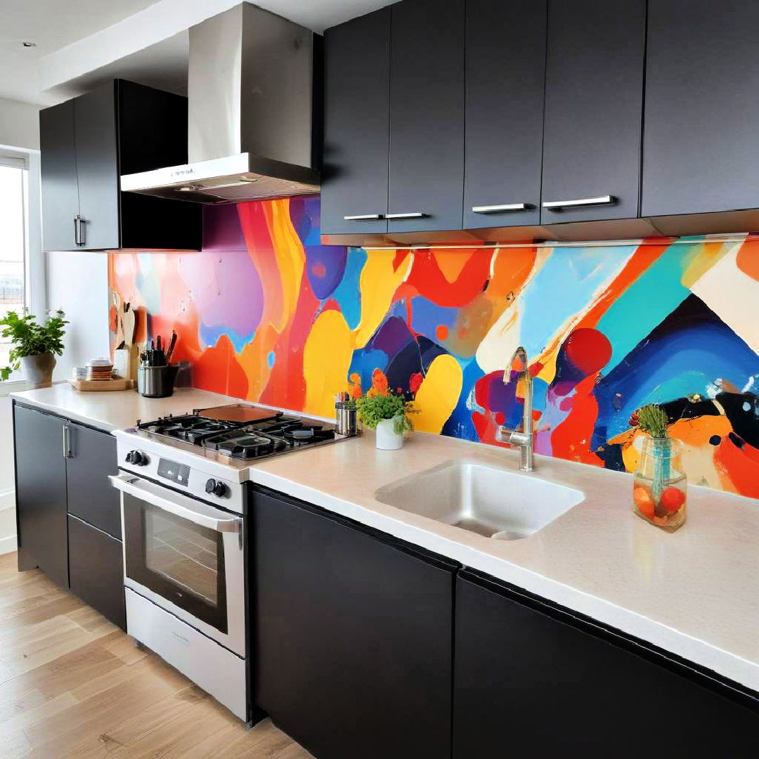 black cabinets with colorful splashbacks