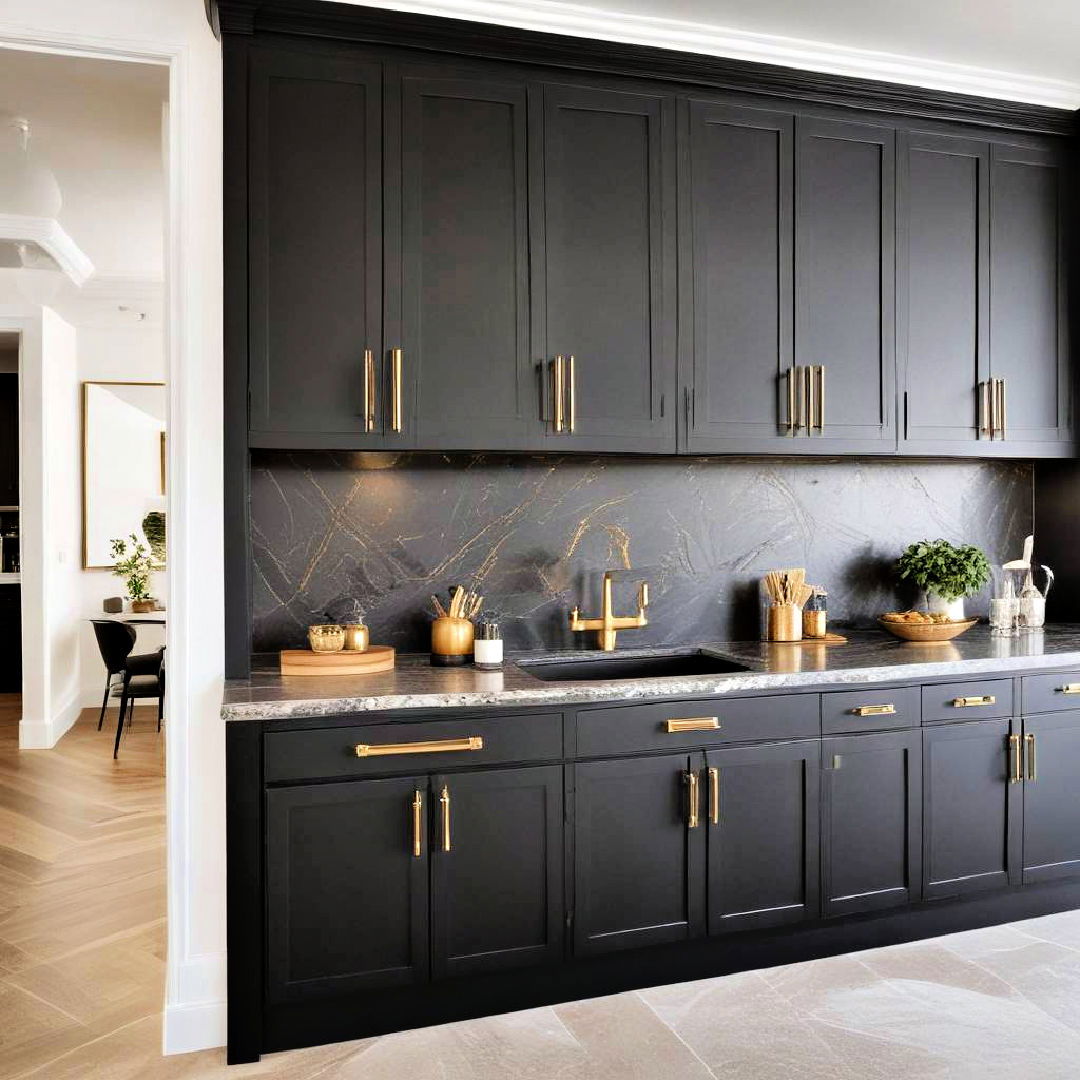 black cabinets with gold accents