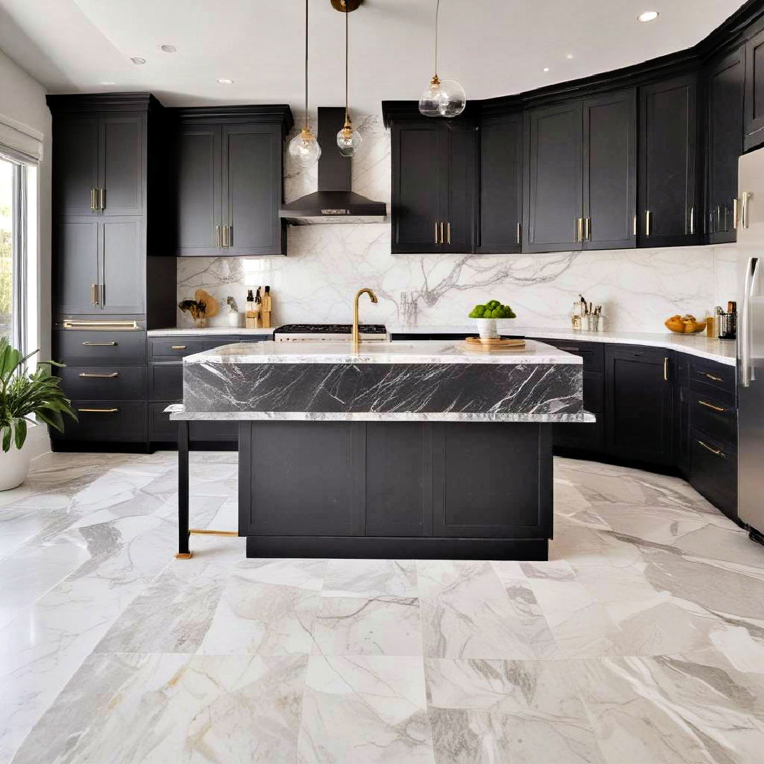 black cabinets with marble surfaces