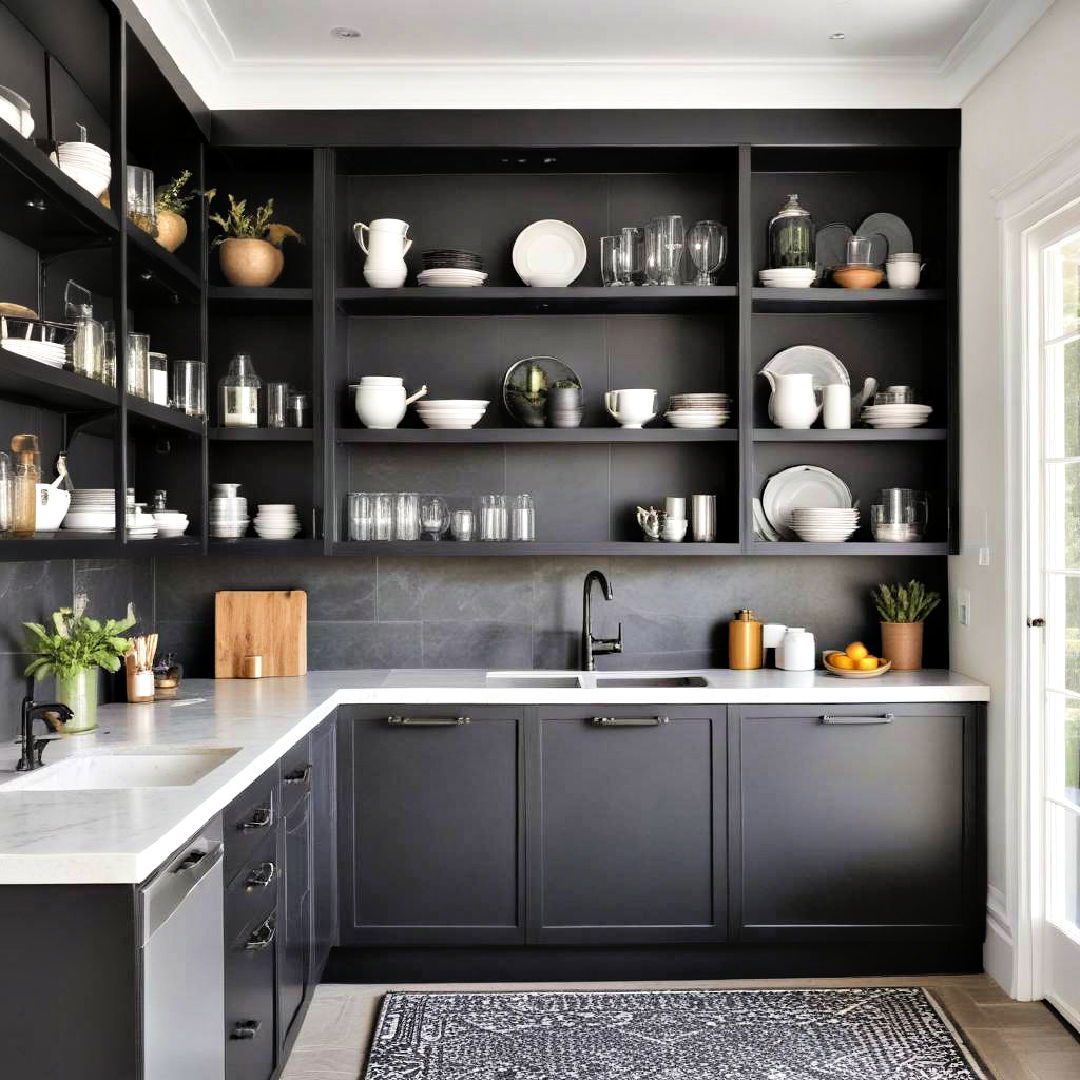 black cabinets with open frame doors