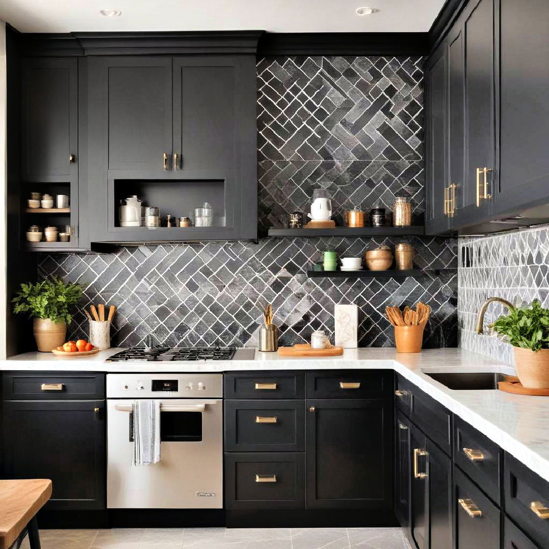 black cabinets with patterned backsplash