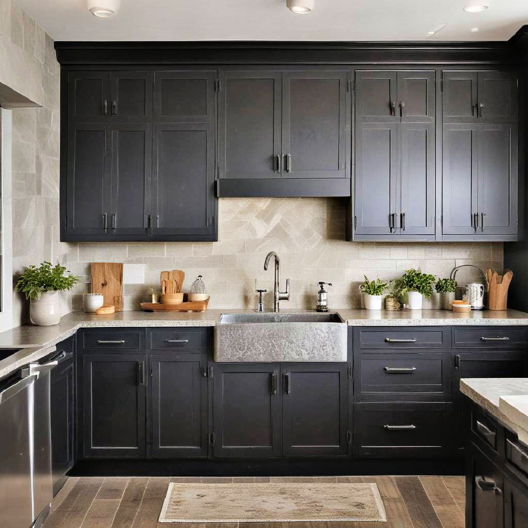 black cabinets with textured finishes