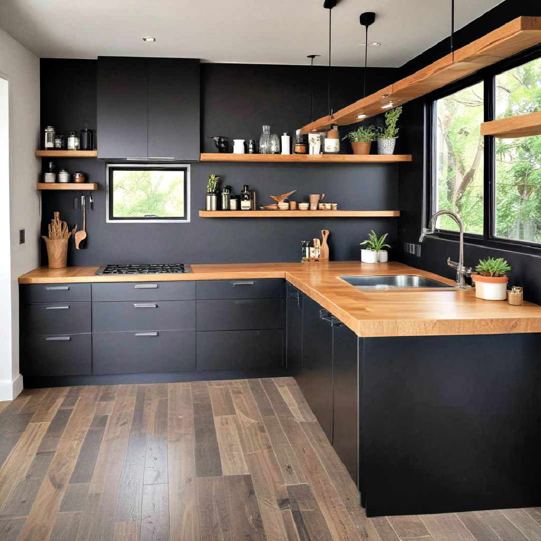 black cabinets with wooden countertops