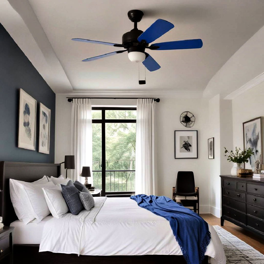 black ceiling fan with blue blades