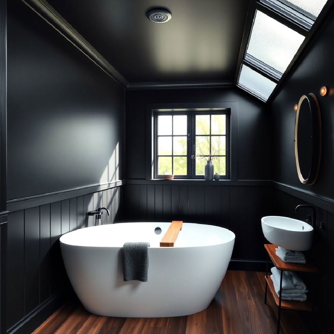 black ceiling with wooden flooring