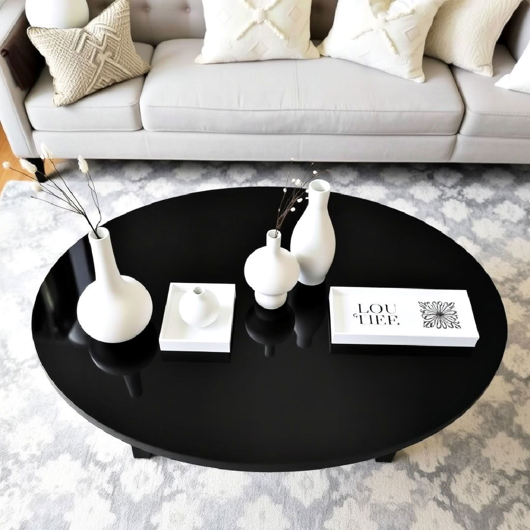 black coffee table with white decor