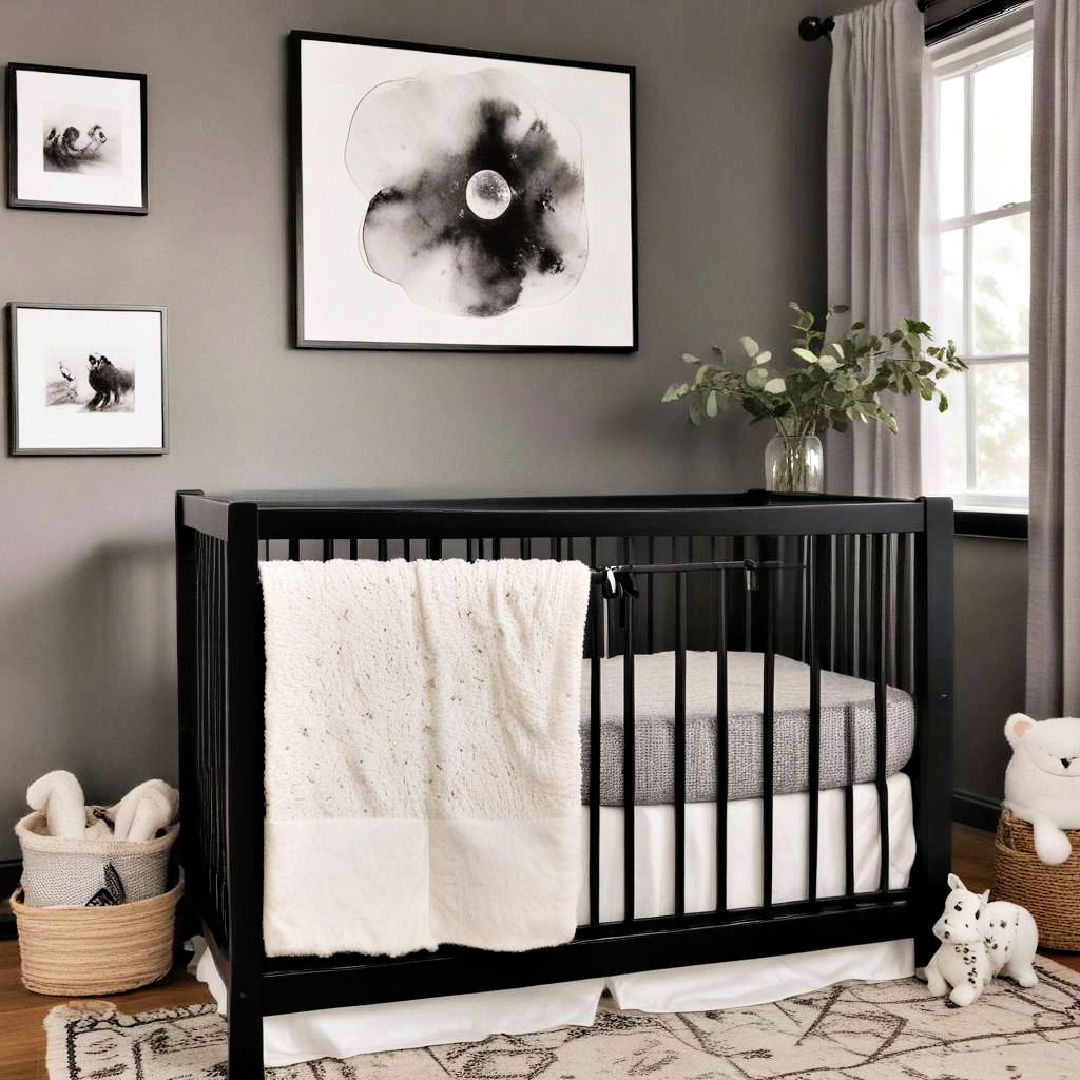 black crib with light bedding