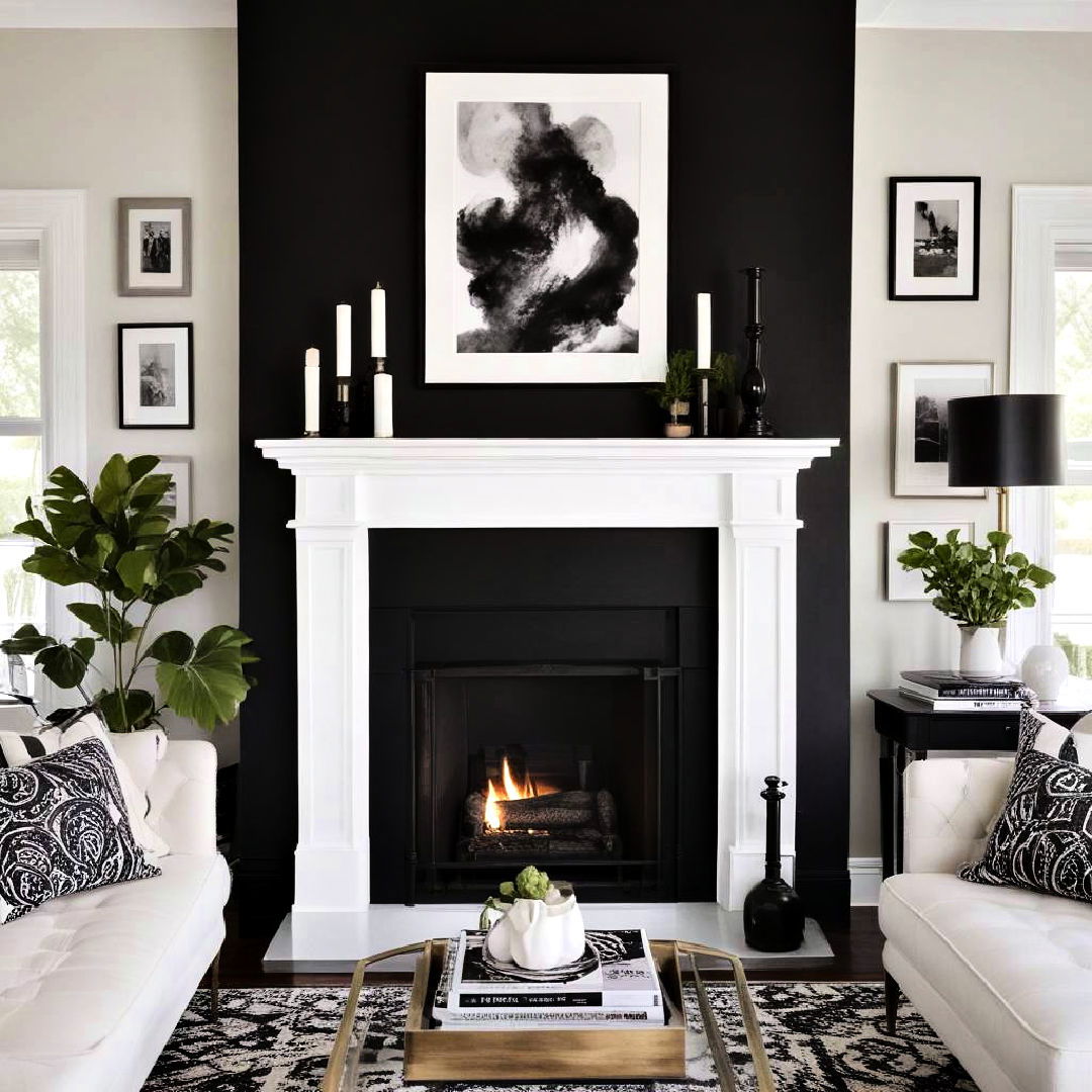 black fireplace with white mantel