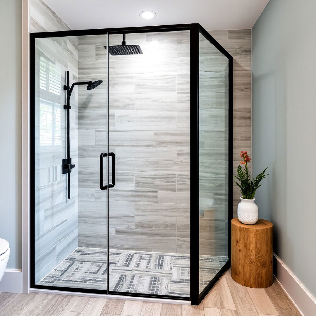 black framed glass shower with wood look tiles