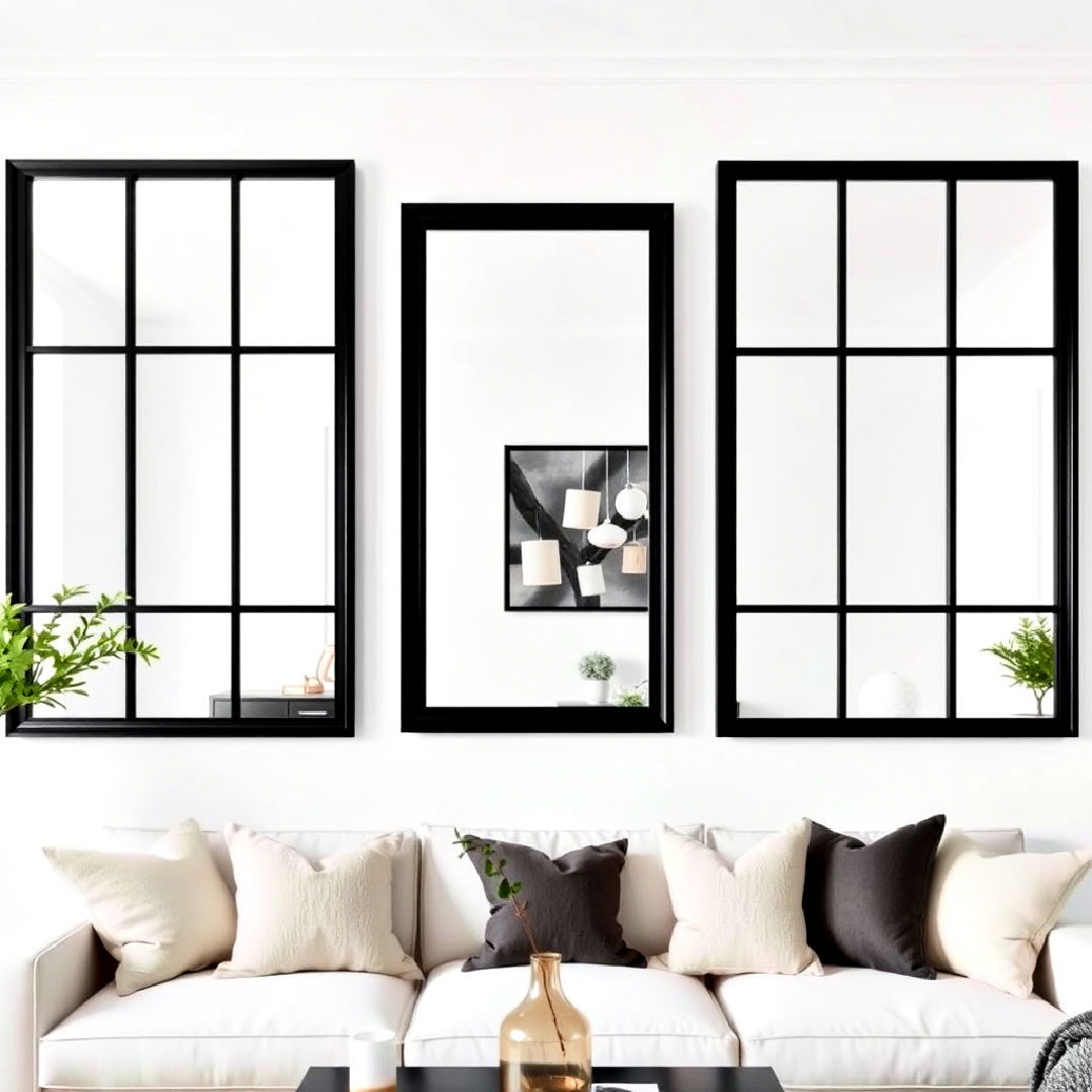 black framed mirrors on white walls