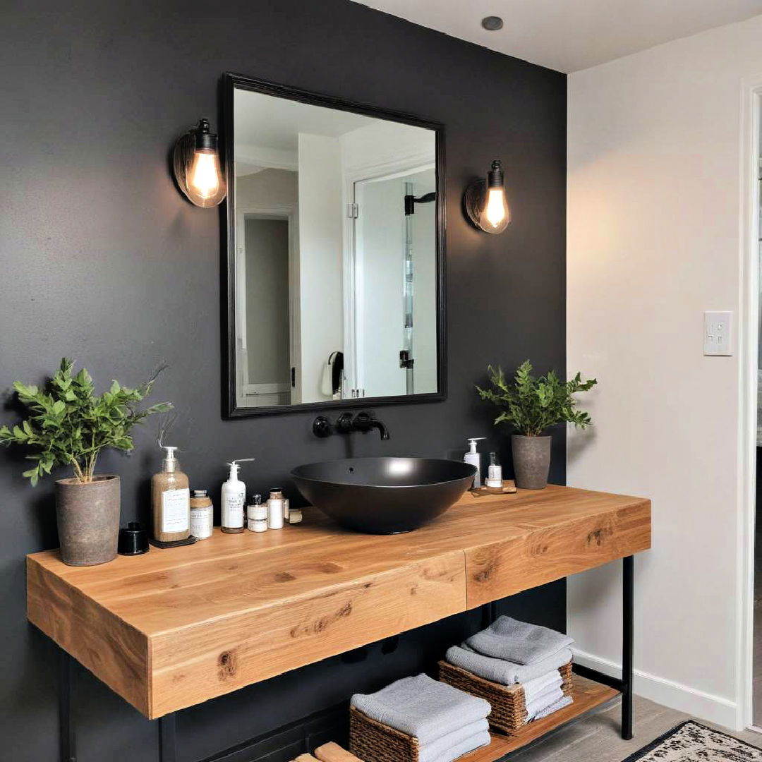 black framed vanity mirror with wooden countertop