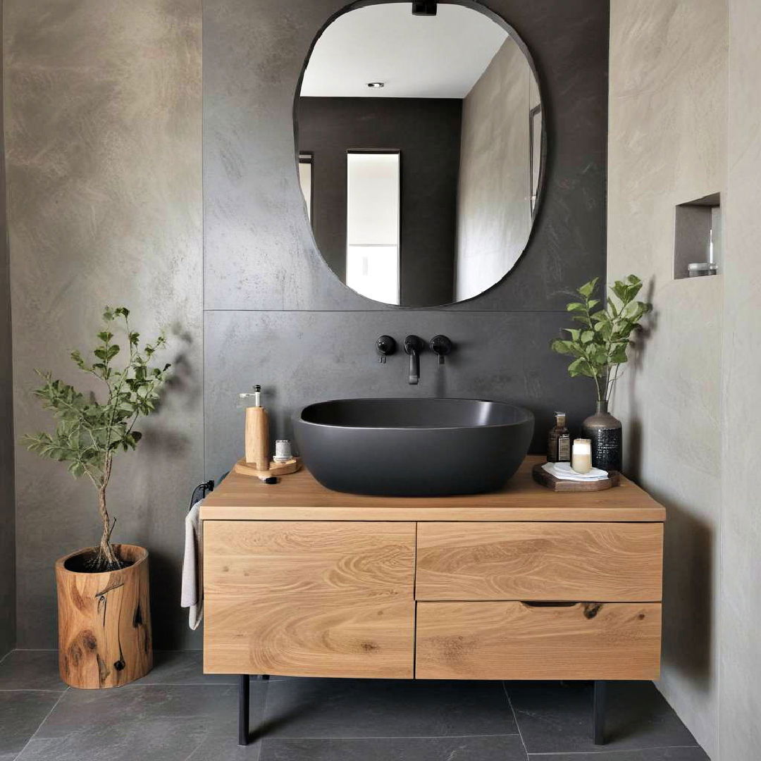 black freestanding sink with wooden cabinetry