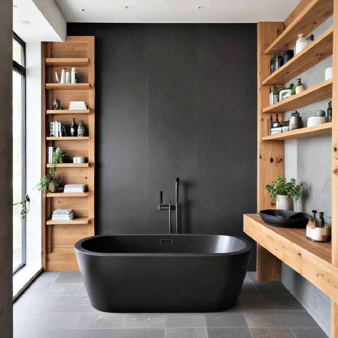 black freestanding tub with wooden shelving