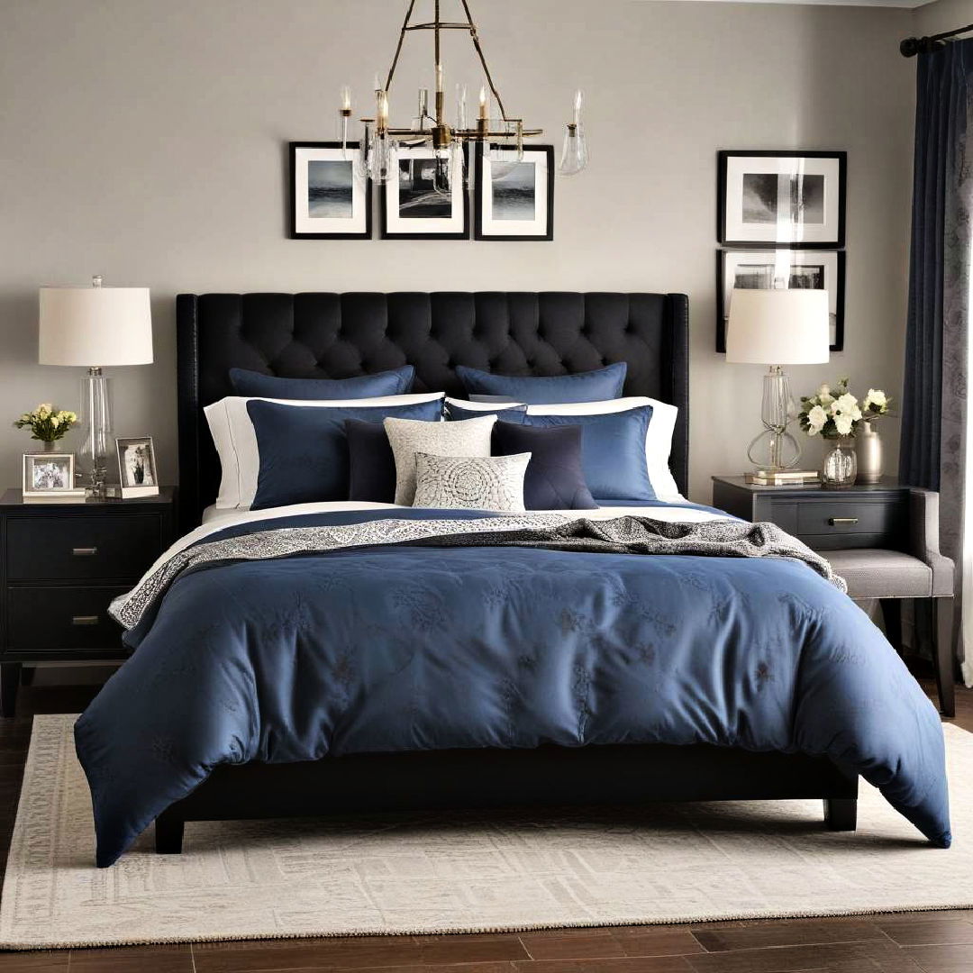 black furniture with blue bedding